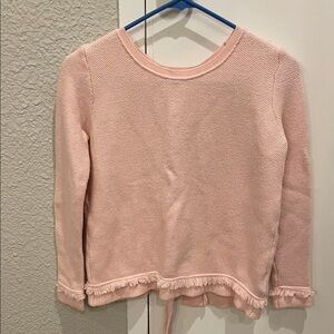 Pink Knit Sweater with Fringe Hem and Open Tie Back